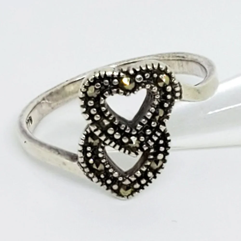 Marsala Co MC Marcasite Double Heart Open Work Sterling Silver Ring